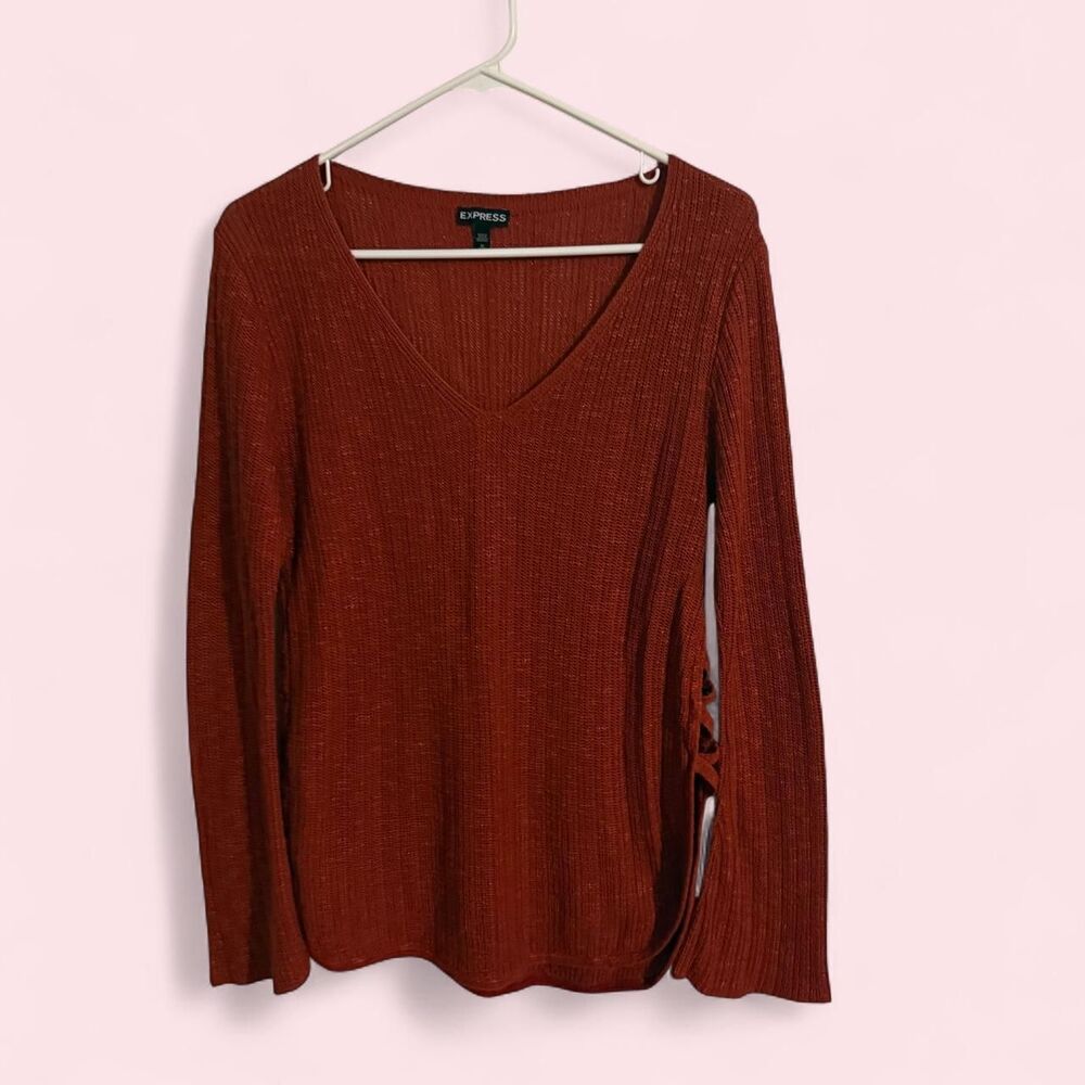 Express Sweater Womens Medium Orange V Neck Criss Cross Knit Pullover